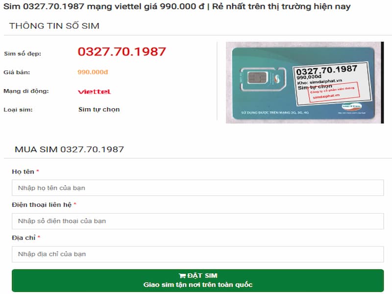 Cách thức đặt mua sim 1987 ngay trên web simdaiphat
